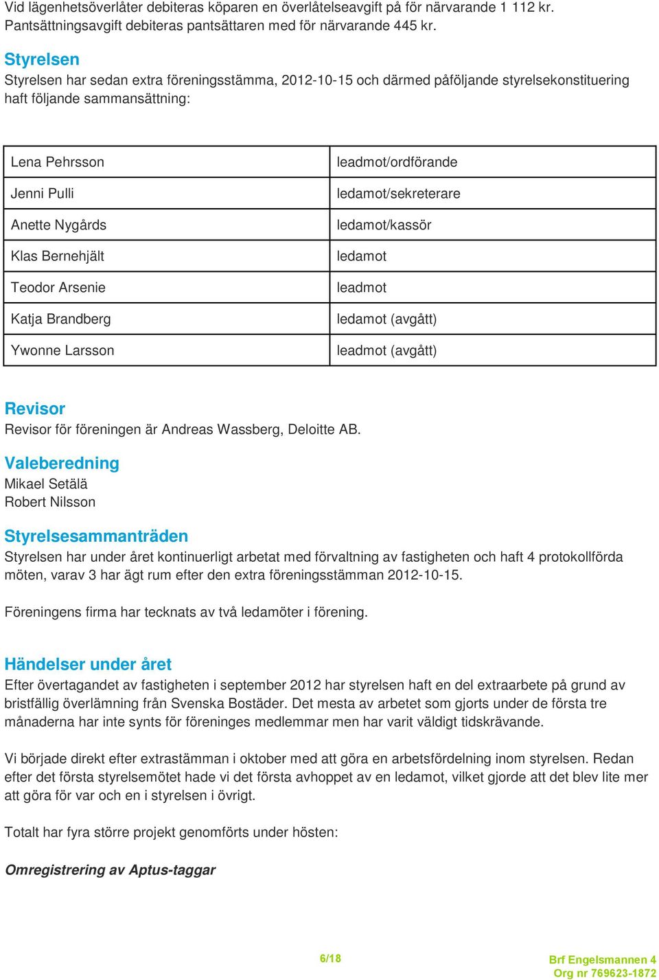 Teodor Arsenie Katja Brandberg Ywonne Larsson leadmot/ordförande ledamot/sekreterare ledamot/kassör ledamot leadmot ledamot (avgått) leadmot (avgått) Revisor Revisor för föreningen är Andreas