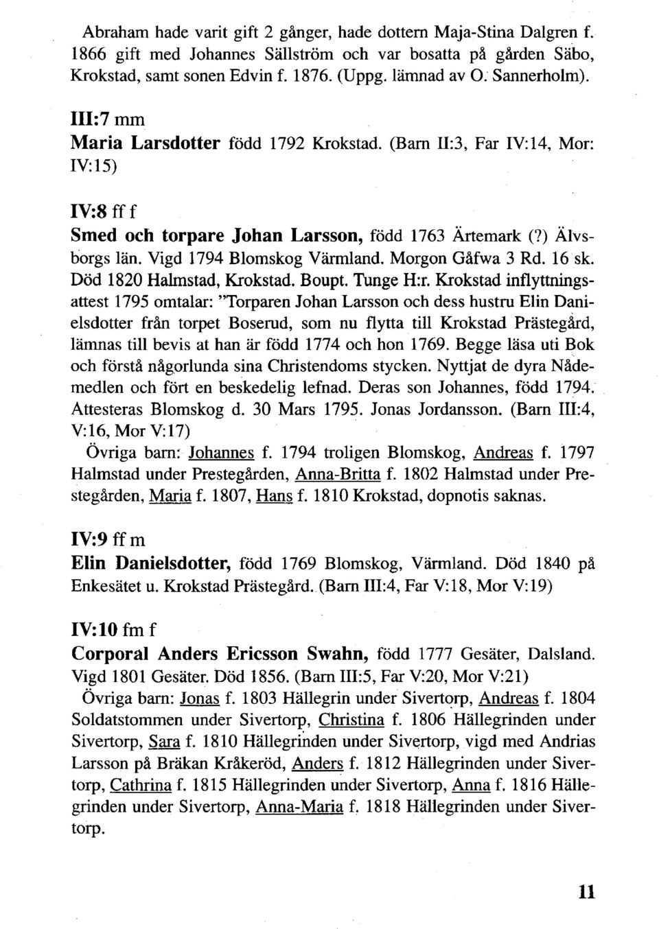 Vigd 1794 Blomskog Värmland. Morgon Gåfwa 3 Rd. 16 sk. Död 1820 Halmstad, Krokstad. Boupt. Tunge H:r.