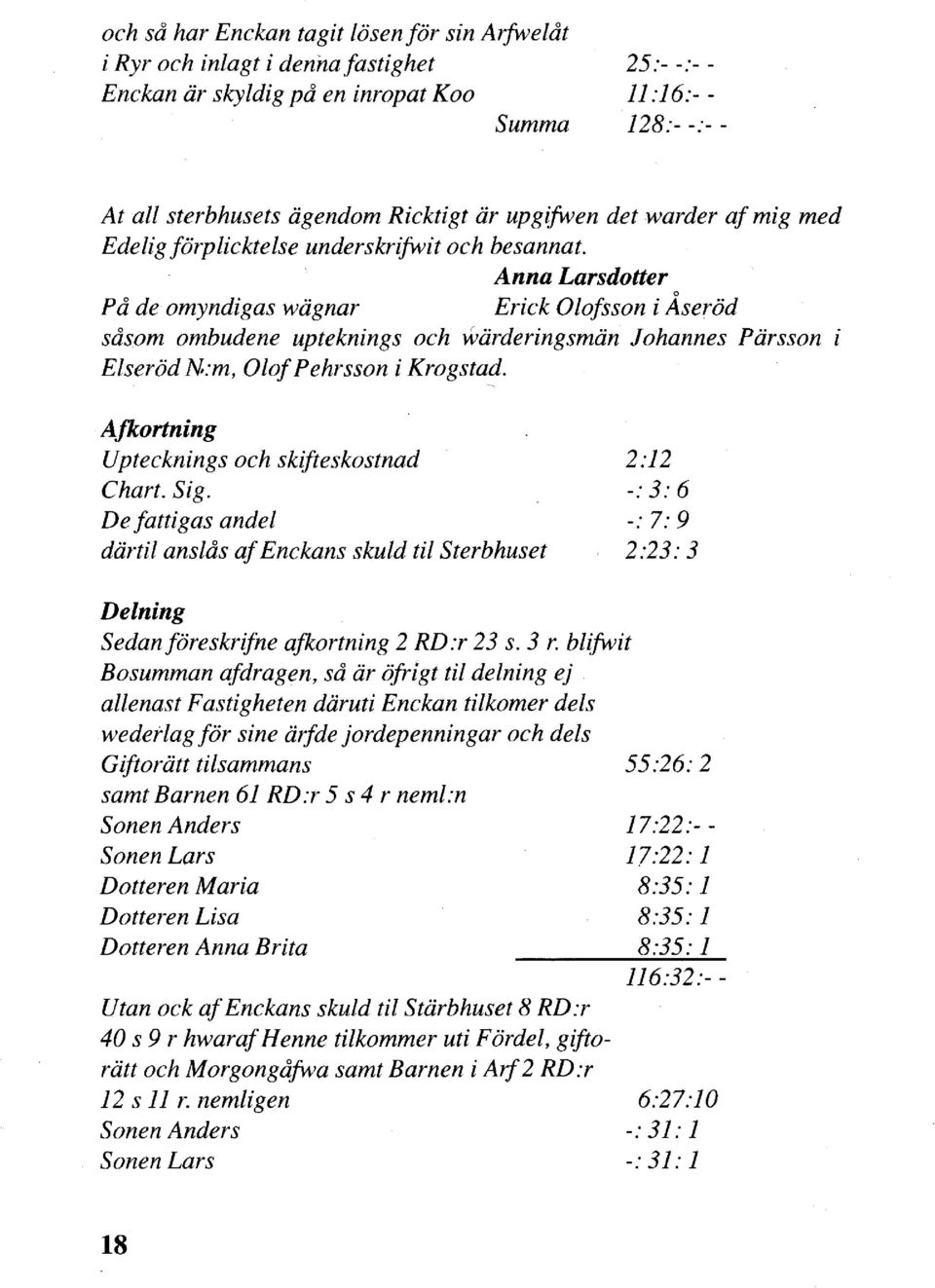 .värderingsmän Johannes Pärsson i Elseröd N:m, OlofPehrsson i Krogstad. Afkortning Uptecknings och skifteskostnad Chart. Sig.