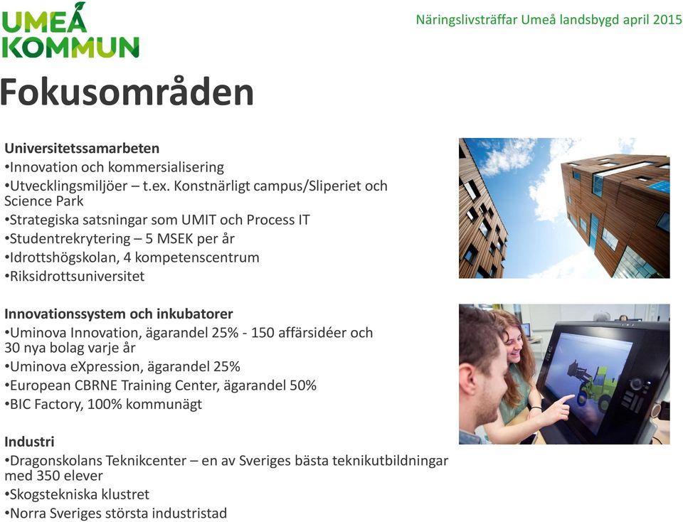 kompetenscentrum Riksidrottsuniversitet Innovationssystem och inkubatorer Uminova Innovation, ägarandel 25% - 150 affärsidéer och 30 nya bolag varje år Uminova