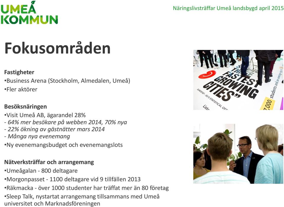 evenemangslots Nätverksträffar och arrangemang Umeågalan - 800 deltagare Morgonpasset - 1100 deltagare vid 9 tillfällen 2013