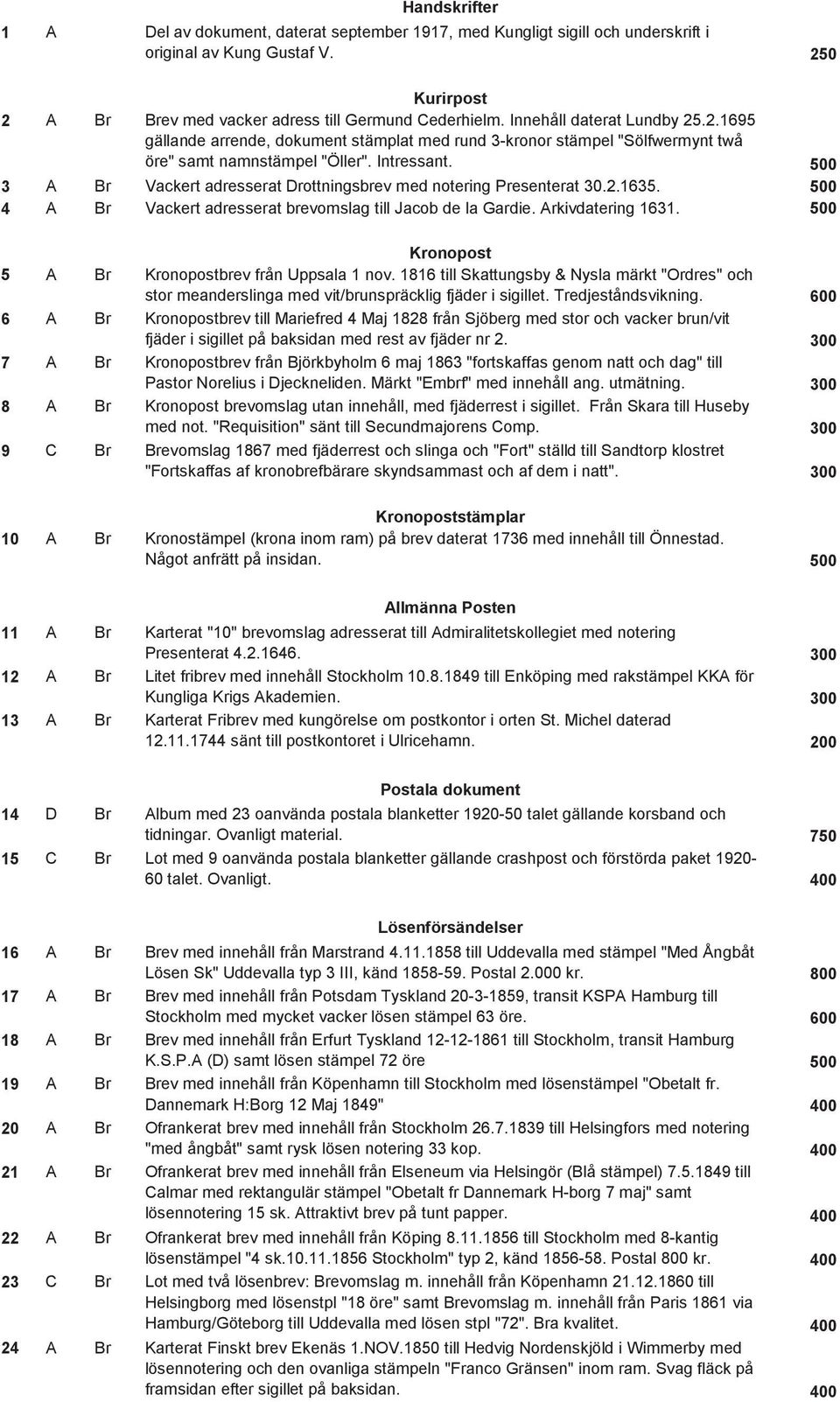 500 3 A Br Vackert adresserat Drottningsbrev med notering Presenterat 30.2.1635. 500 4 A Br Vackert adresserat brevomslag till Jacob de la Gardie. Arkivdatering 1631.