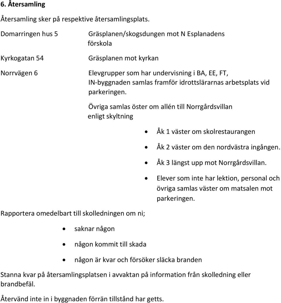 idrottslärarnas arbetsplats vid parkeringen. Övriga samlas öster om allén till Norrgårdsvillan enligt skyltning Åk 1 väster om skolrestaurangen Åk 2 väster om den nordvästra ingången.