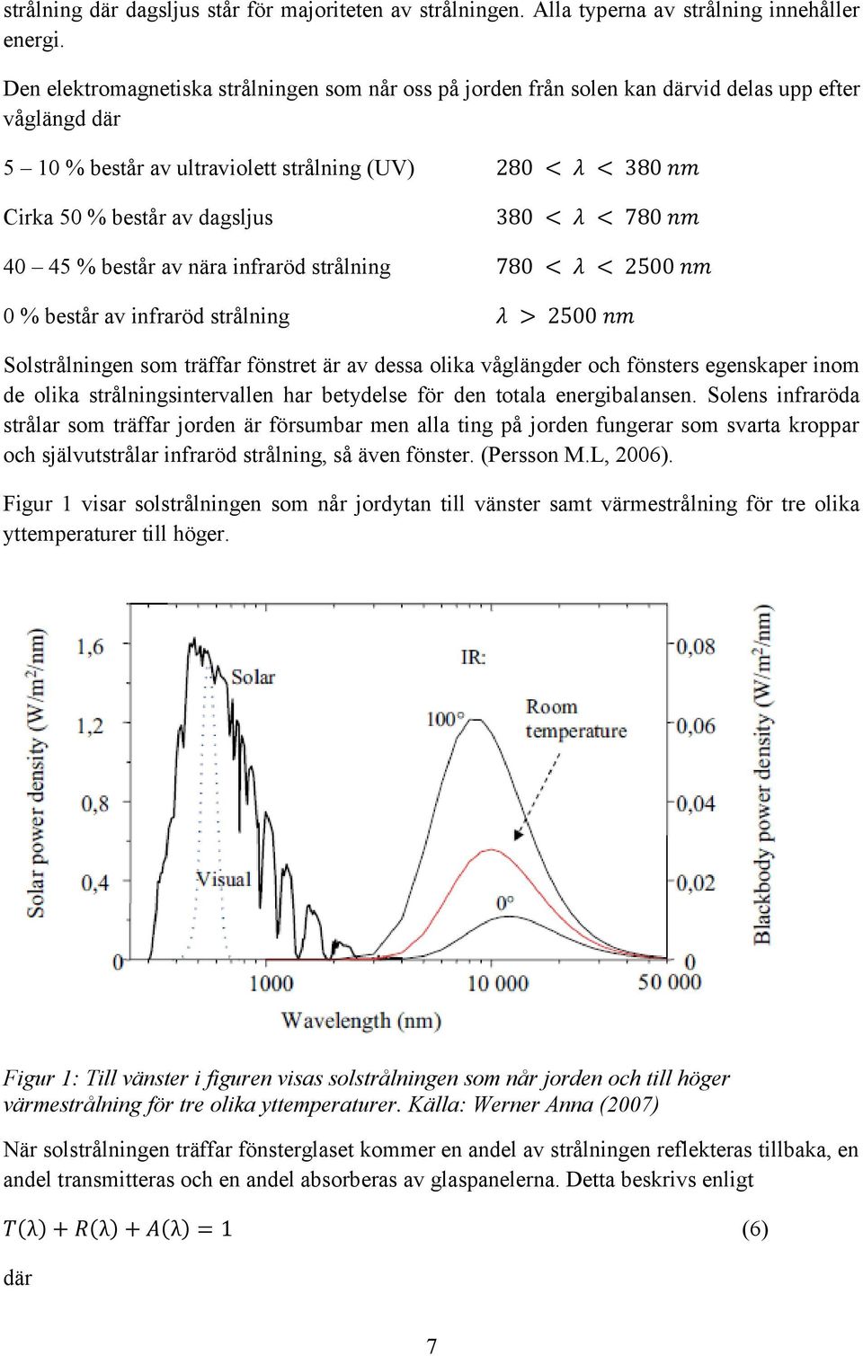 380 < λ < 780 nm 40 45 % består av nära infraröd strålning 780 < λ < 2500 nm 0 % består av infraröd strålning λ > 2500 nm Solstrålningen som träffar fönstret är av dessa olika våglängder och fönsters