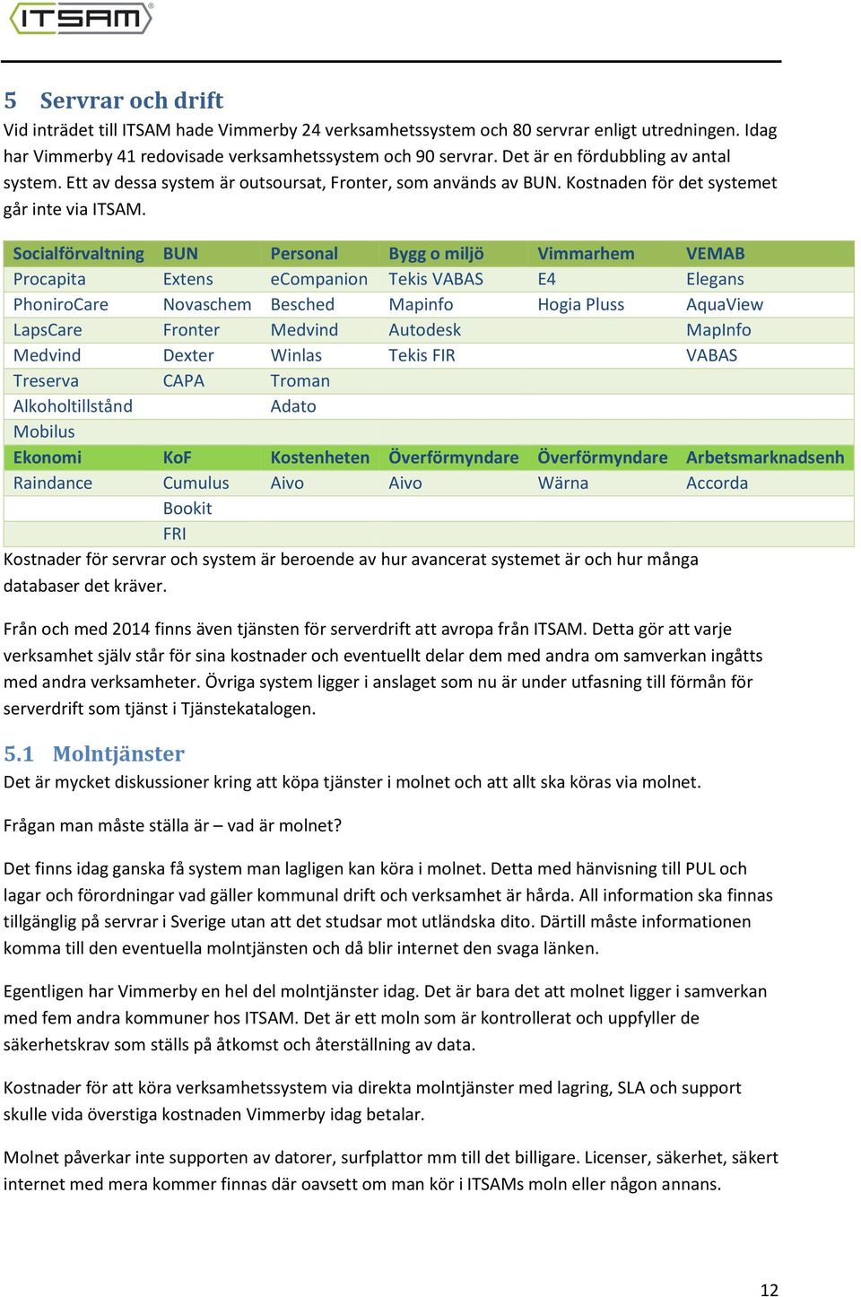 Socialförvaltning BUN Personal Bygg o miljö Vimmarhem VEMAB Procapita Extens ecompanion Tekis VABAS E4 Elegans PhoniroCare Novaschem Besched Mapinfo Hogia Pluss AquaView LapsCare Fronter Medvind