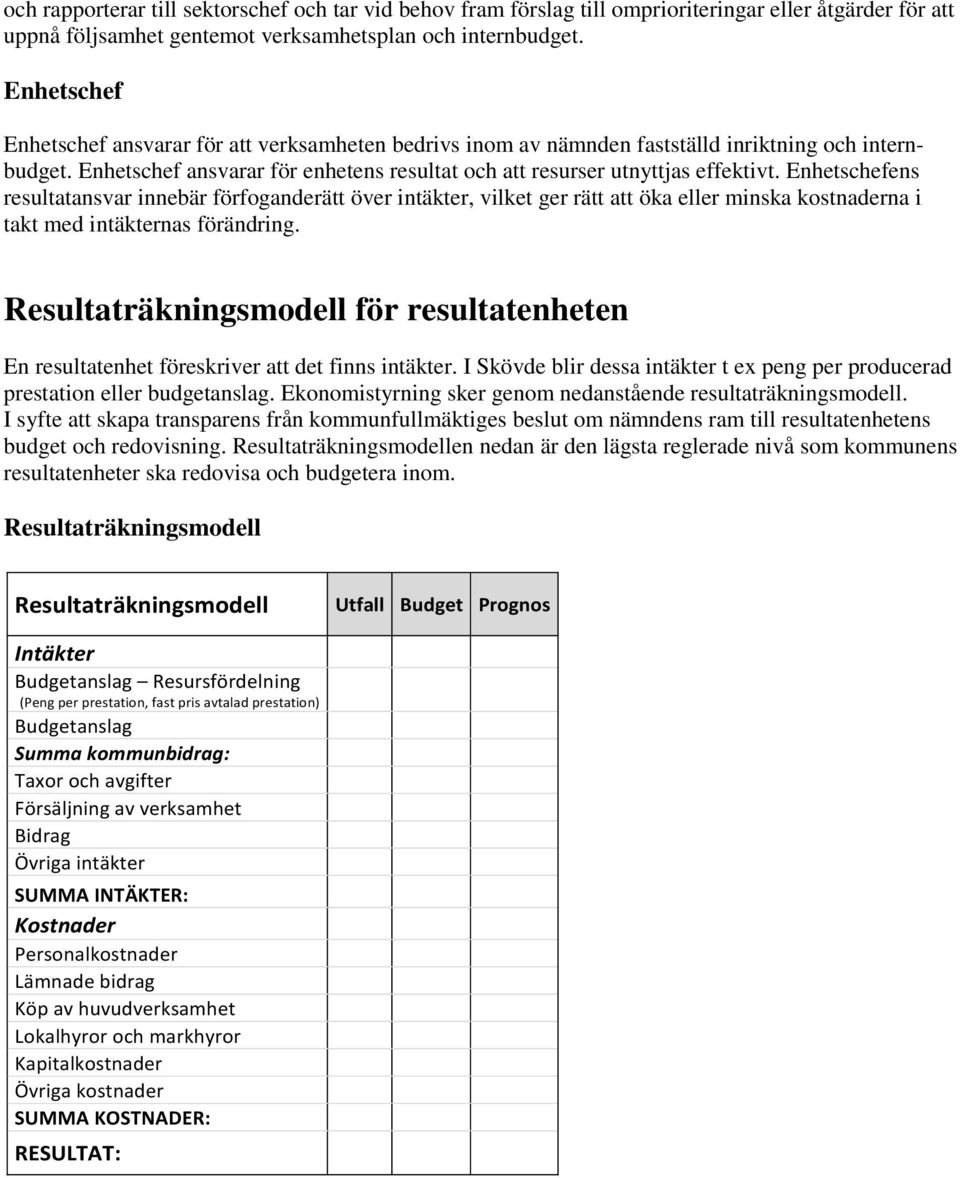 Enhetschefens resultatansvar innebär förfoganderätt över intäkter, vilket ger rätt att öka eller minska kostnaderna i takt med intäkternas förändring.