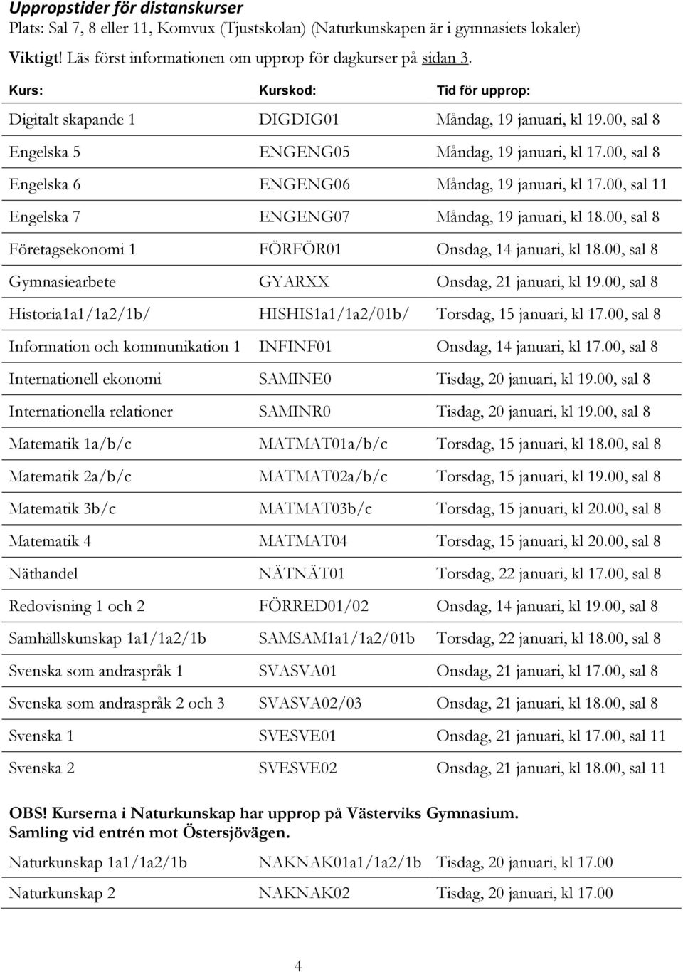 00, sal 11 Engelska 7 ENGENG07 Måndag, 19 januari, kl 18.00, sal 8 Företagsekonomi 1 FÖRFÖR01 Onsdag, 14 januari, kl 18.00, sal 8 Gymnasiearbete GYARXX Onsdag, 21 januari, kl 19.