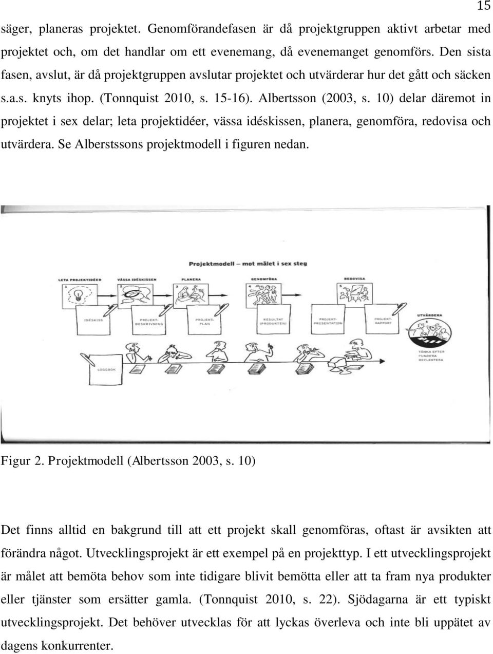 10) delar däremot in projektet i sex delar; leta projektidéer, vässa idéskissen, planera, genomföra, redovisa och utvärdera. Se Alberstssons projektmodell i figuren nedan. Figur 2.