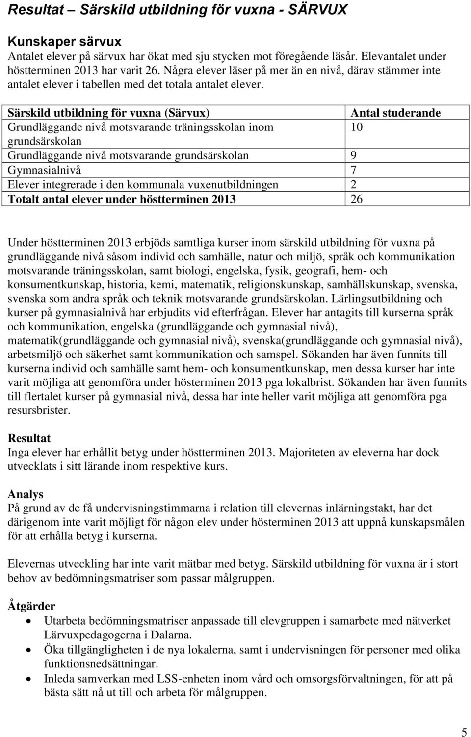 Särskild utbildning för vuxna (Särvux) Antal studerande Grundläggande nivå motsvarande träningsskolan inom 10 grundsärskolan Grundläggande nivå motsvarande grundsärskolan 9 Gymnasialnivå 7 Elever