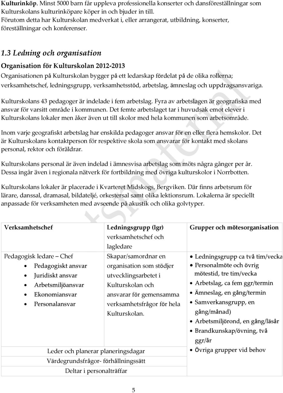 3 Ledning och organisation Organisation för Kulturskolan 2012-2013 Organisationen på Kulturskolan bygger på ett ledarskap fördelat på de olika rollerna; verksamhetschef, ledningsgrupp,