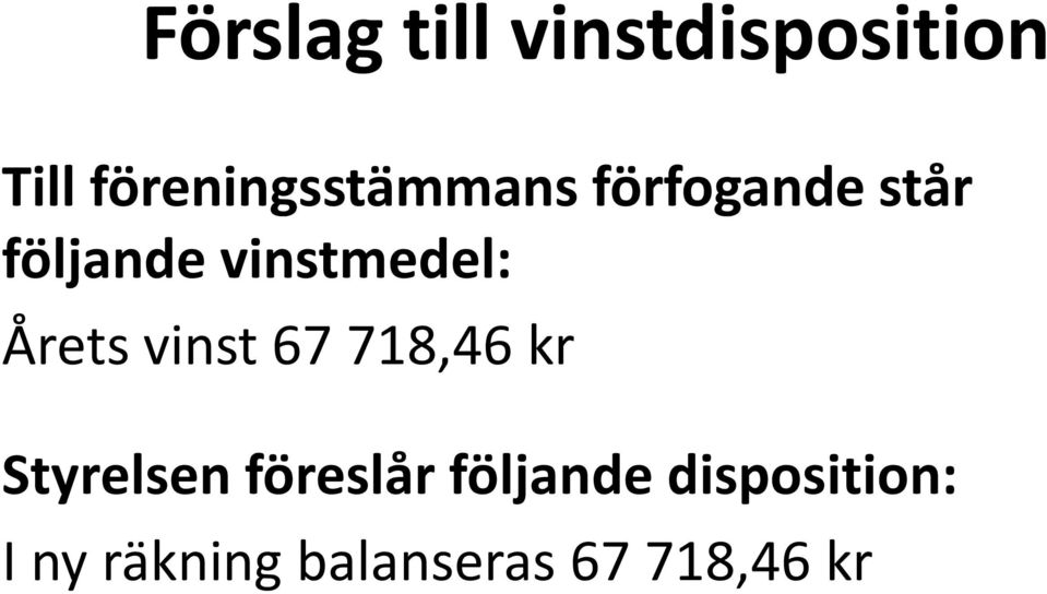 vinstmedel: Årets vinst 67 718,46 kr Styrelsen