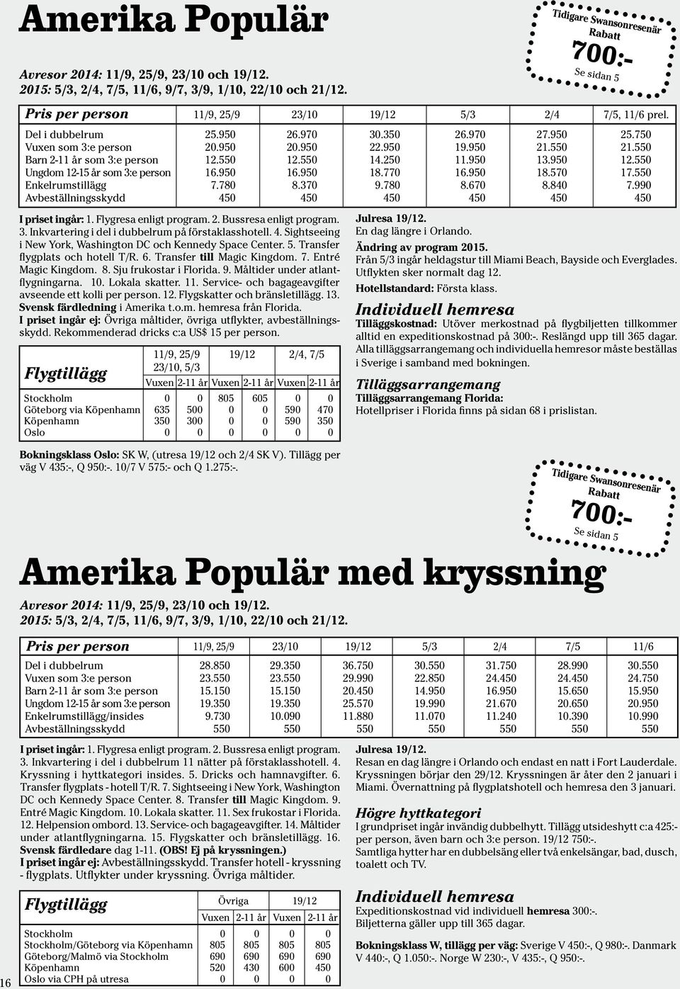 25 11.95 13.95 12.55 Ungdom 12-15 år som 3:e person 16.95 16.95 18.77 16.95 18.57 17.55 Enkelrumstillägg 7.78 8.37 9.78 8.67 8.84 7.99 Avbeställningsskydd 45 45 45 45 45 45 I priset ingår: 1.