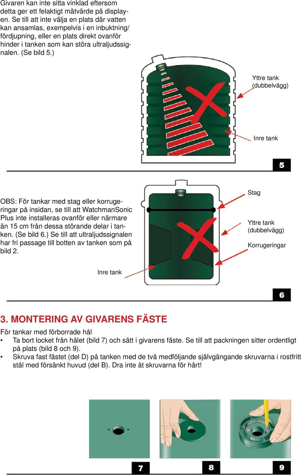 ) (dubbelvägg) OBS: För tankar med stag eller korrugeringar på insidan, se till att WatchmanSonic Plus inte installeras ovanför eller närmare än 15 cm från dessa störande delar i tanken. (Se bild 6.