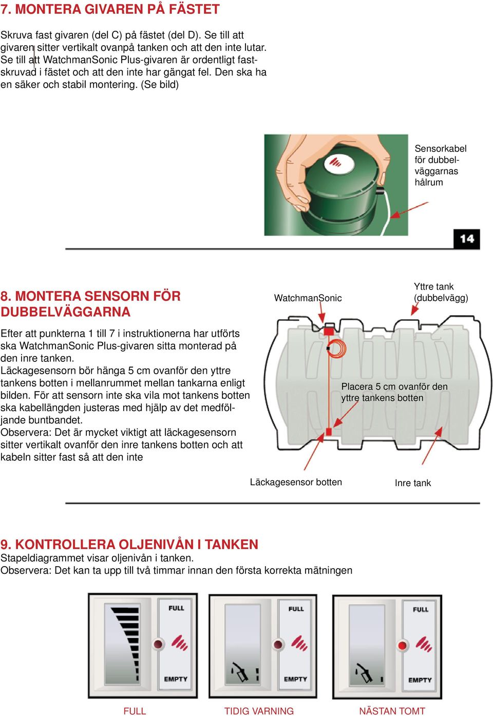 MONTERA SENSORN FÖR DUBBELVÄGGARNA WatchmanSonic (dubbelvägg) Efter att punkterna 1 till 7 i instruktionerna har utförts ska WatchmanSonic Plus-givaren sitta monterad på den inre tanken.