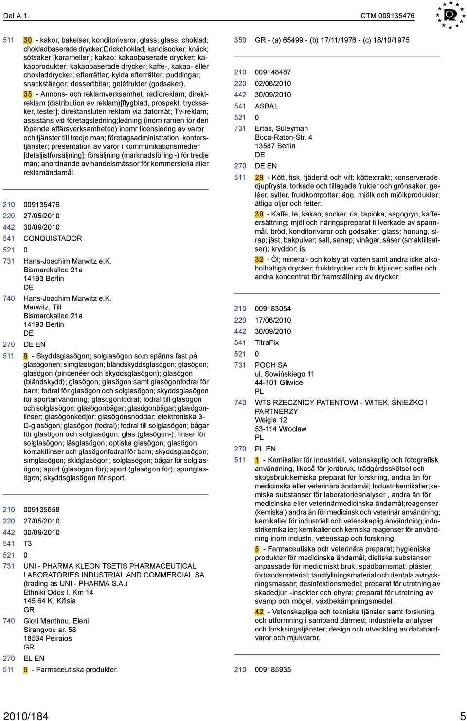 kakaobaserade drycker; kaffe-, kakao- eller chokladdrycker; efterrätter; kylda efterrätter; puddingar; snackstänger; dessertbitar; geléfrukter (godsaker).