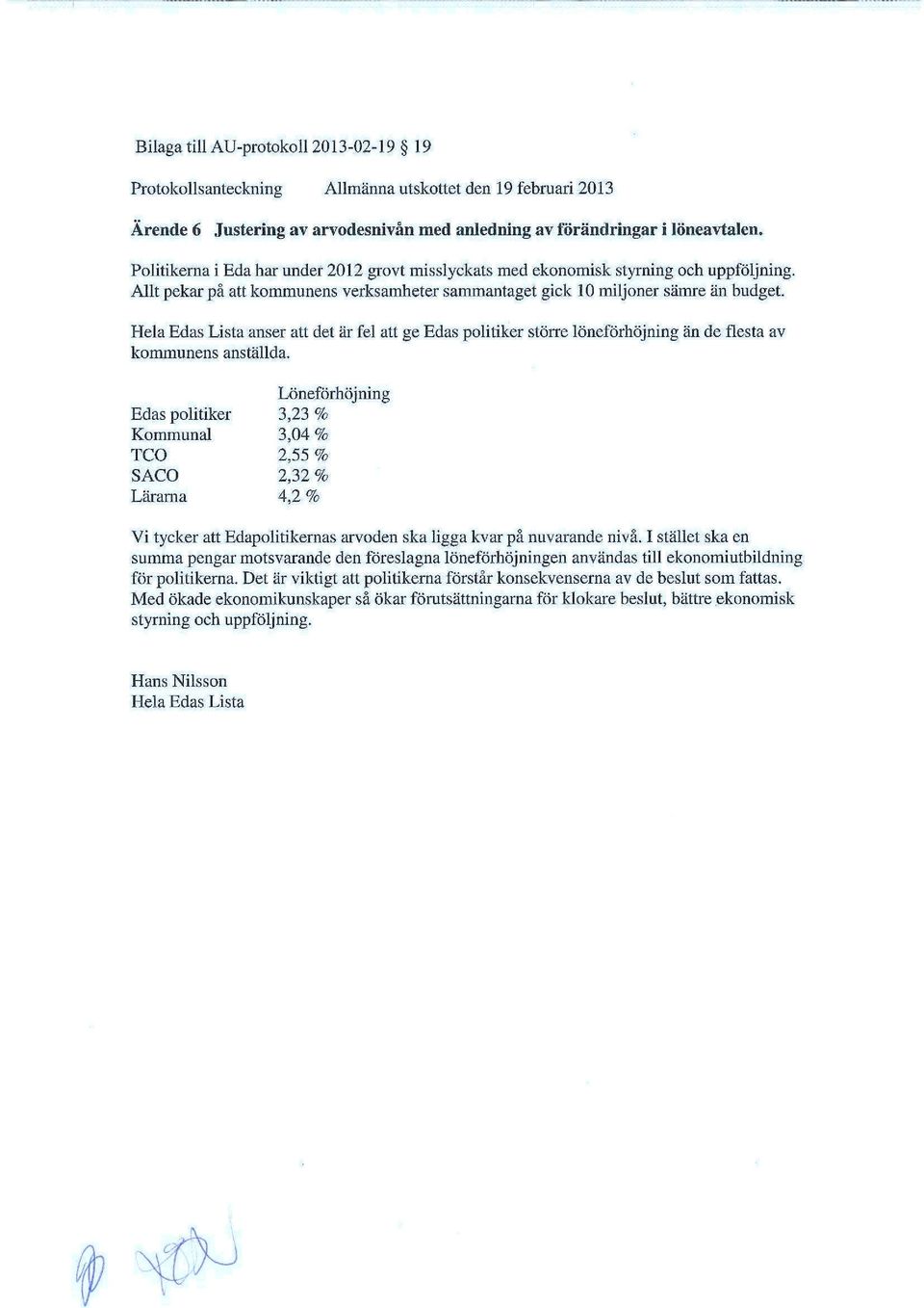 Hela Edas Lista anser att det är fel att ge Edas politiker större löneförhöjning än de flesta av kommunens anställda.