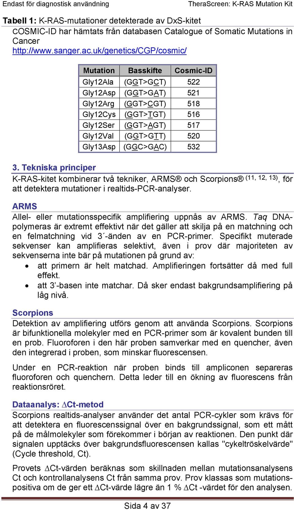 (GGC>GAC) 532 3. Tekniska principer K-RAS-kitet kombinerar två tekniker, ARMS och Scorpions (11, 12, 13), för att detektera mutationer i realtids-pcr-analyser.