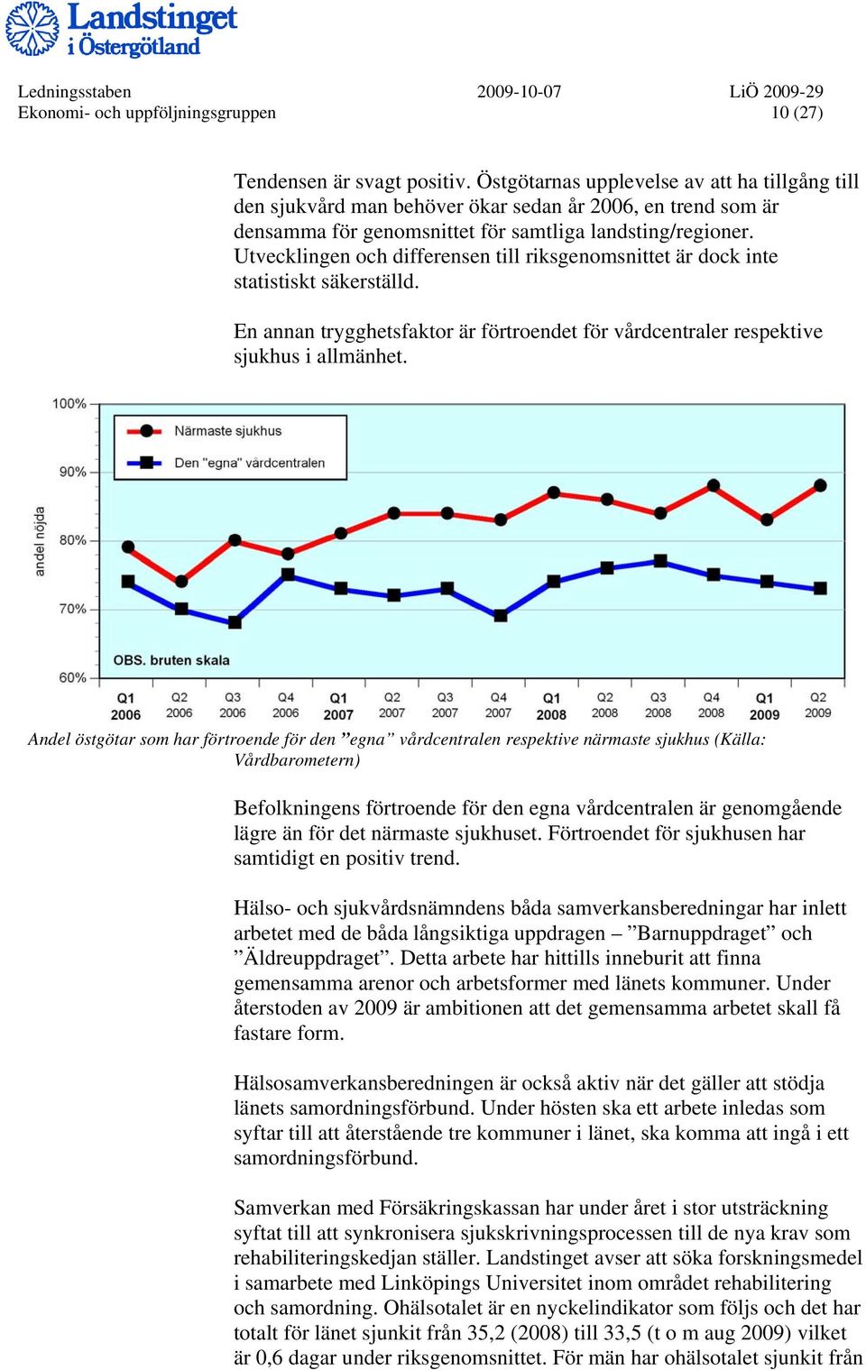 Utvecklingen och differensen till riksgenomsnittet är dock inte statistiskt säkerställd. En annan trygghetsfaktor är förtroendet för vårdcentraler respektive sjukhus i allmänhet.