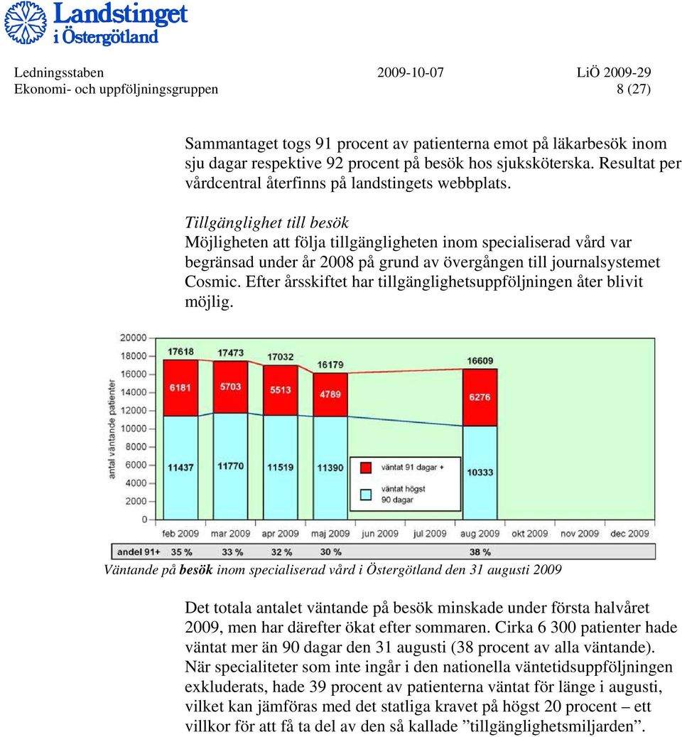 Tillgänglighet till besök Möjligheten att följa tillgängligheten inom specialiserad vård var begränsad under år 2008 på grund av övergången till journalsystemet Cosmic.