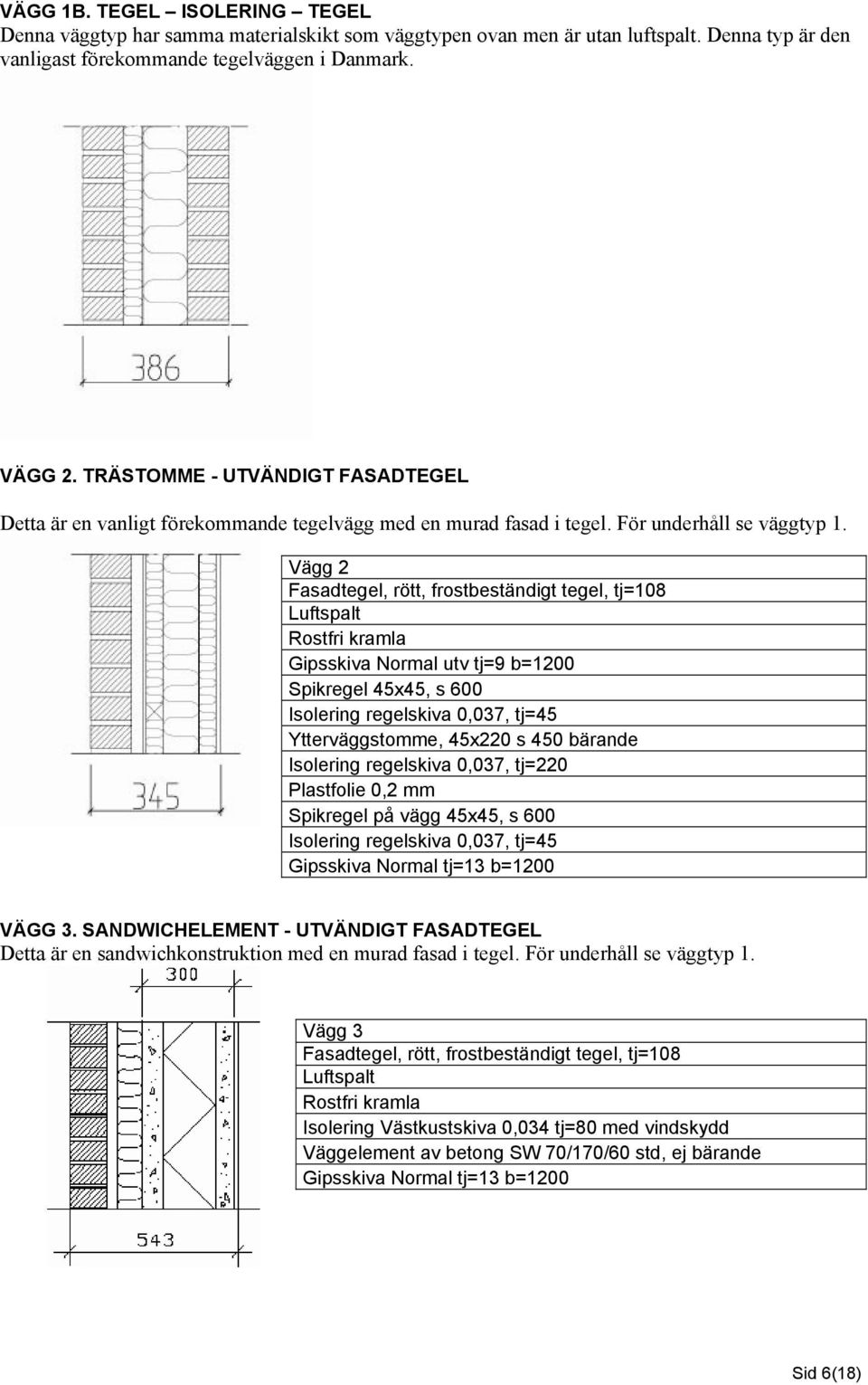 Vägg 2 Fasadtegel, rött, frostbeständigt tegel, tj=108 Luftspalt Rostfri kramla Gipsskiva Normal utv tj=9 b=1200 Spikregel 45x45, s 600 Isolering regelskiva 0,037, tj=45 Ytterväggstomme, 45x220 s 450