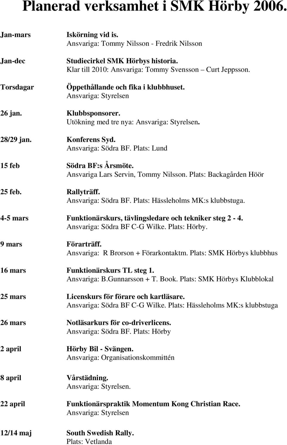 Konferens Syd. Ansvariga: Södra BF. Plats: Lund 15 feb Södra BF:s Årsmöte. Ansvariga Lars Servin, Tommy Nilsson. Plats: Backagården Höör 25 feb. Rallyträff. Ansvariga: Södra BF. Plats: Hässleholms MK:s klubbstuga.