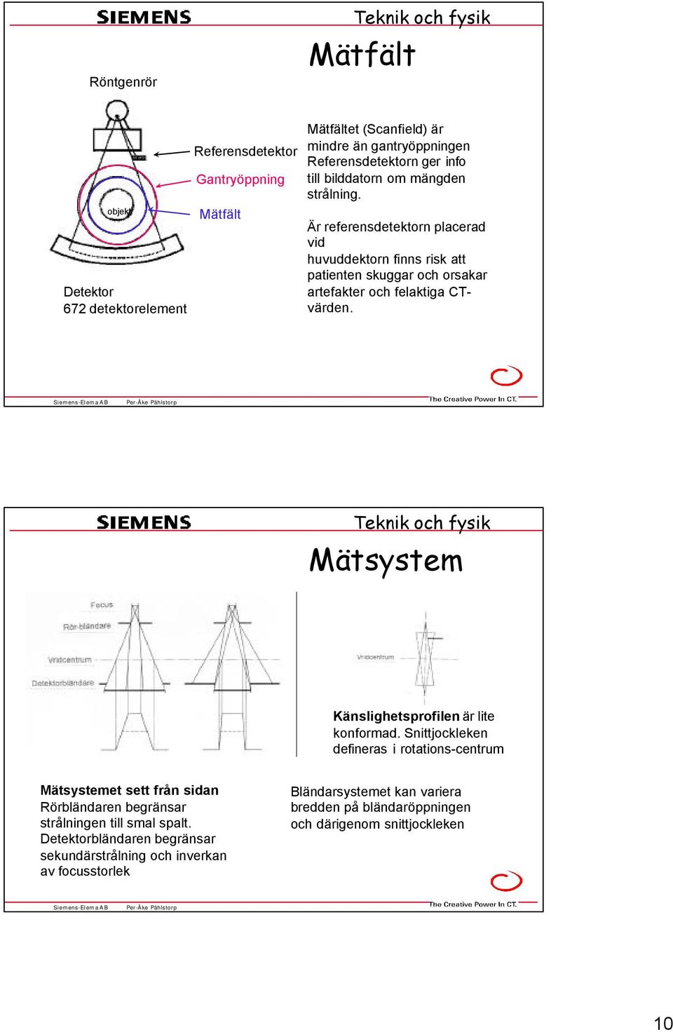 Är referensdetektorn placerad vid huvuddektorn finns risk att patienten skuggar och orsakar artefakter och felaktiga CTvärden.