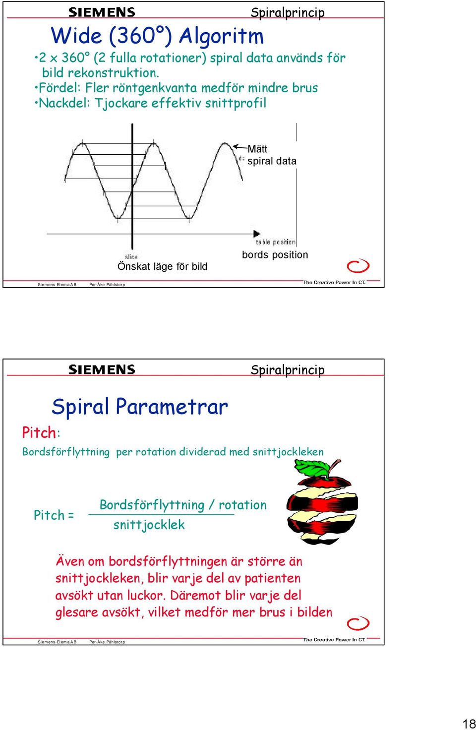 Pitch: Spiral Parametrar Spiralprincip Bordsförflyttning per rotation dividerad med snittjockleken Pitch = Bordsförflyttning / rotation