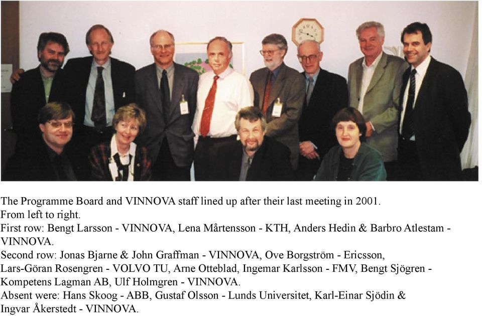 Second row: Jonas Bjarne & John Graffman - VINNOVA, Ove Borgström - Ericsson, Lars-Göran Rosengren - VOLVO TU, Arne Otteblad,