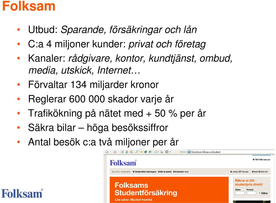 Förvaltar 134 miljarder kronor Reglerar 600 000 skador varje år Trafikökning på nätet