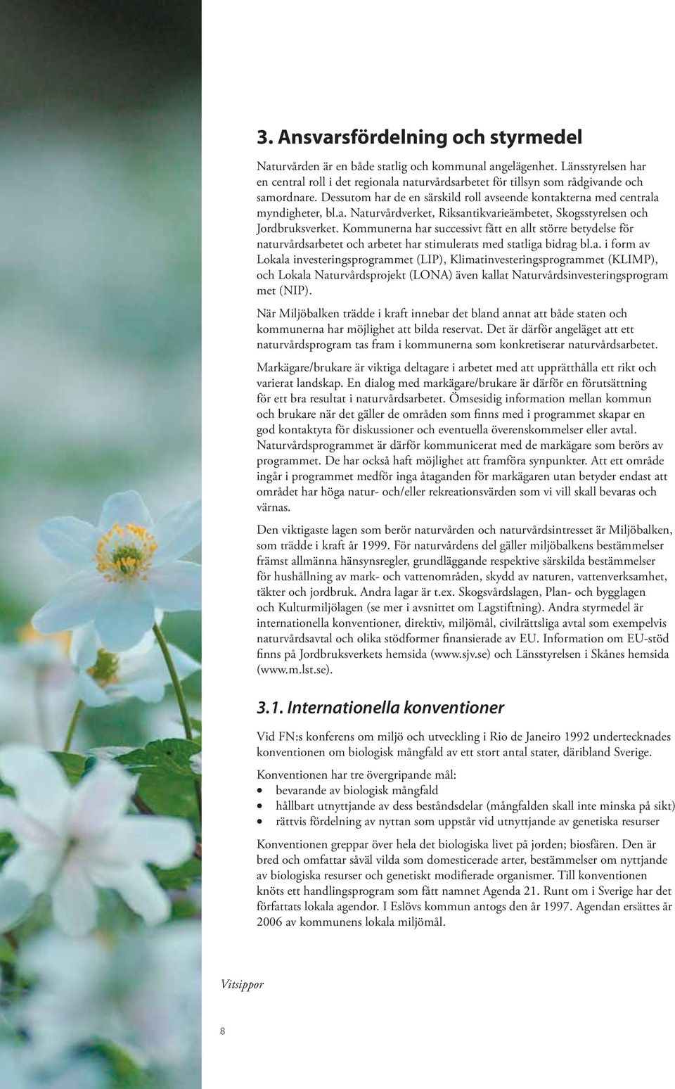 Kommunerna har successivt fått en allt större betydelse för naturvårdsarbetet och arbetet har stimulerats med statliga bidrag bl.a. i form av Lokala investeringsprogrammet (LIP), Klimatinvesteringsprogrammet (KLIMP), och Lokala Naturvårdsprojekt (LONA) även kallat Naturvårdsinvesteringsprogram met (NIP).