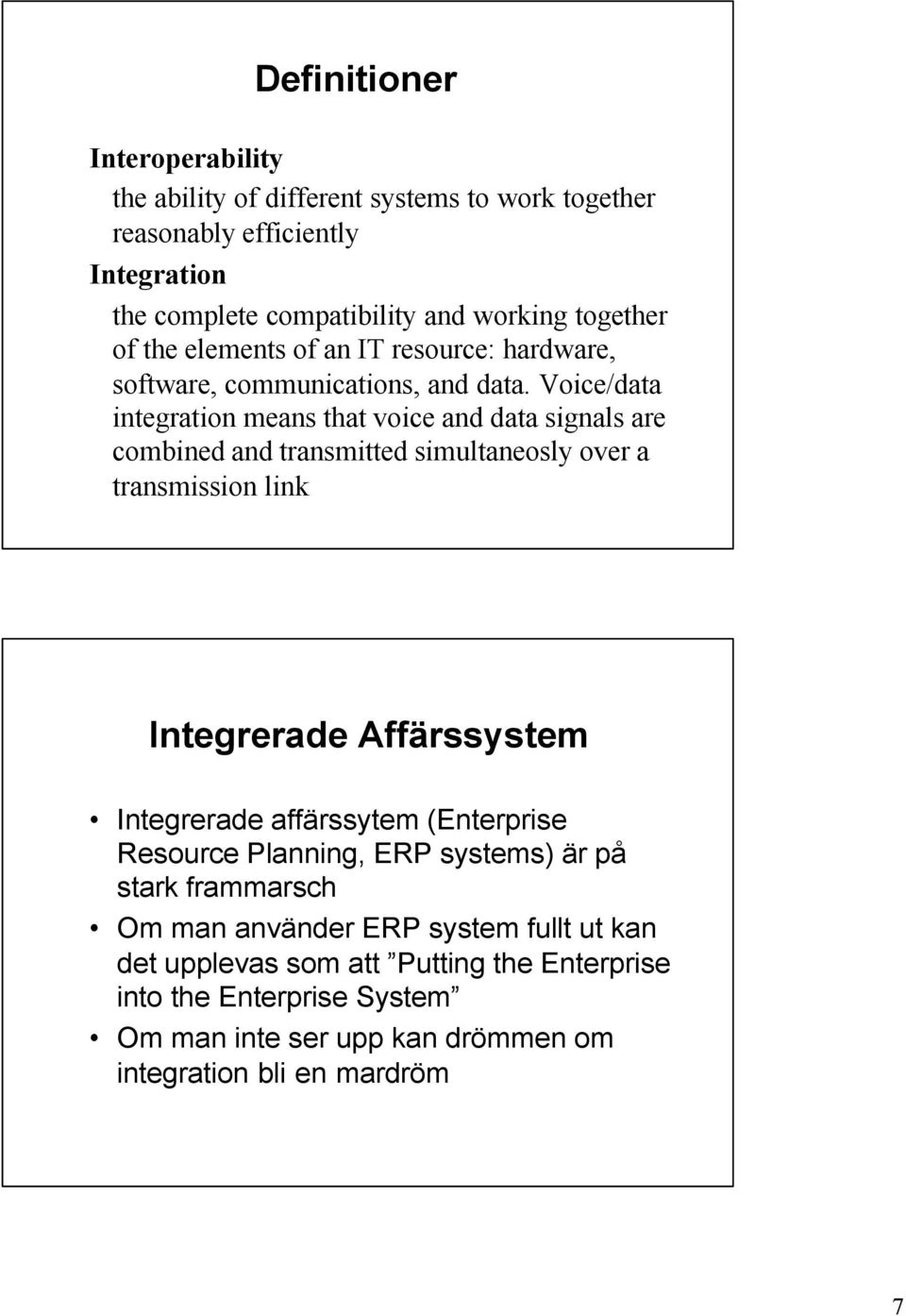Voice/data integration means that voice and data signals are combined and transmitted simultaneosly over a transmission link Integrerade Affärssystem Integrerade