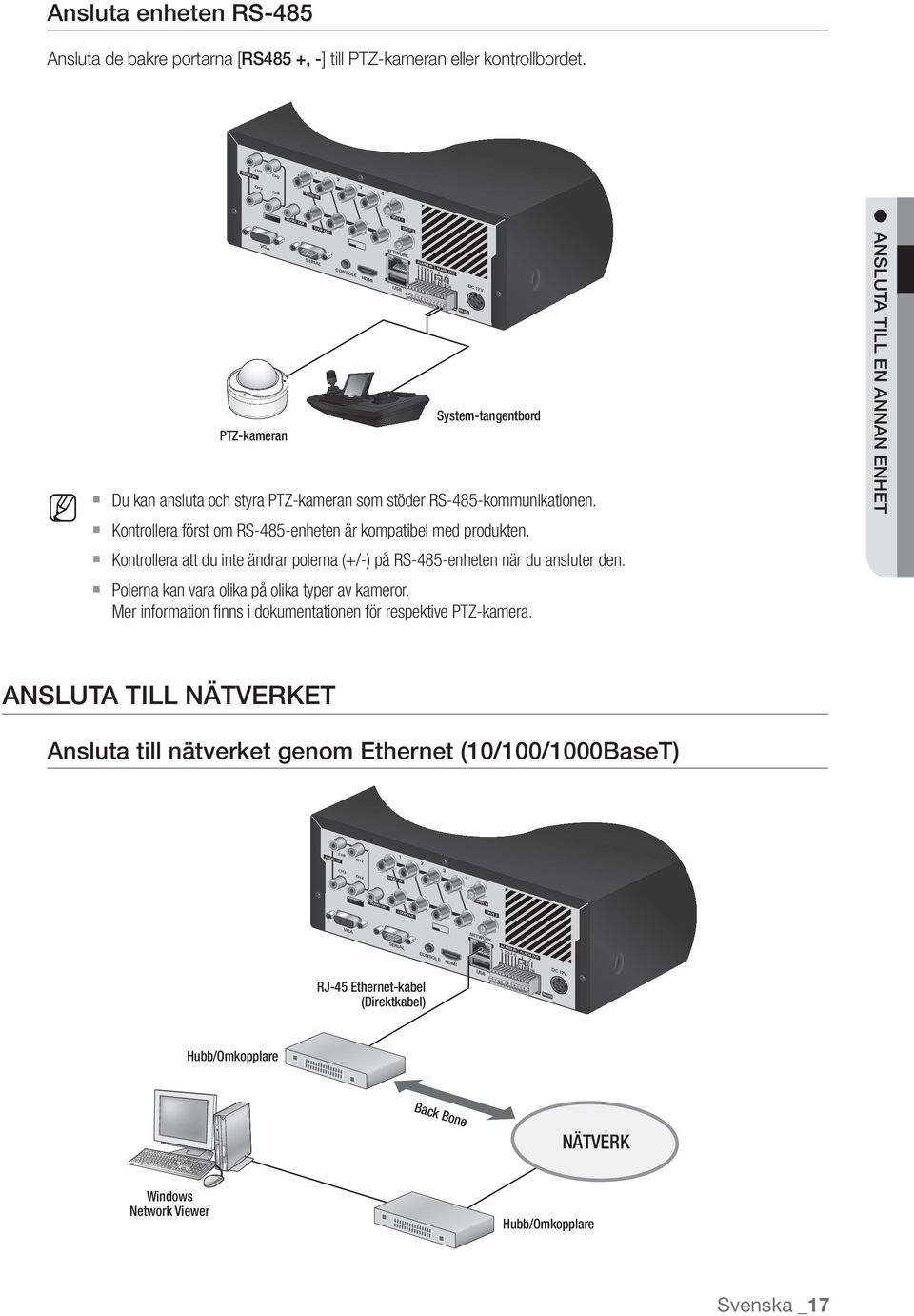 Kontrollera att du inte ändrar polerna (+/-) på RS-485-enheten när du ansluter den. Polerna kan vara olika på olika typer av kameror.