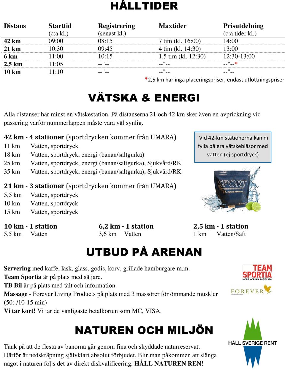 12:30) 12:30-13:00 2,5 km 11:05 --"-- --"-- --"--* 10 km 11:10 --"-- --"-- --"-- *2,5 km har inga placeringspriser, endast utlottningspriser VÄTSKA & ENERGI Alla distanser har minst en vätskestation.