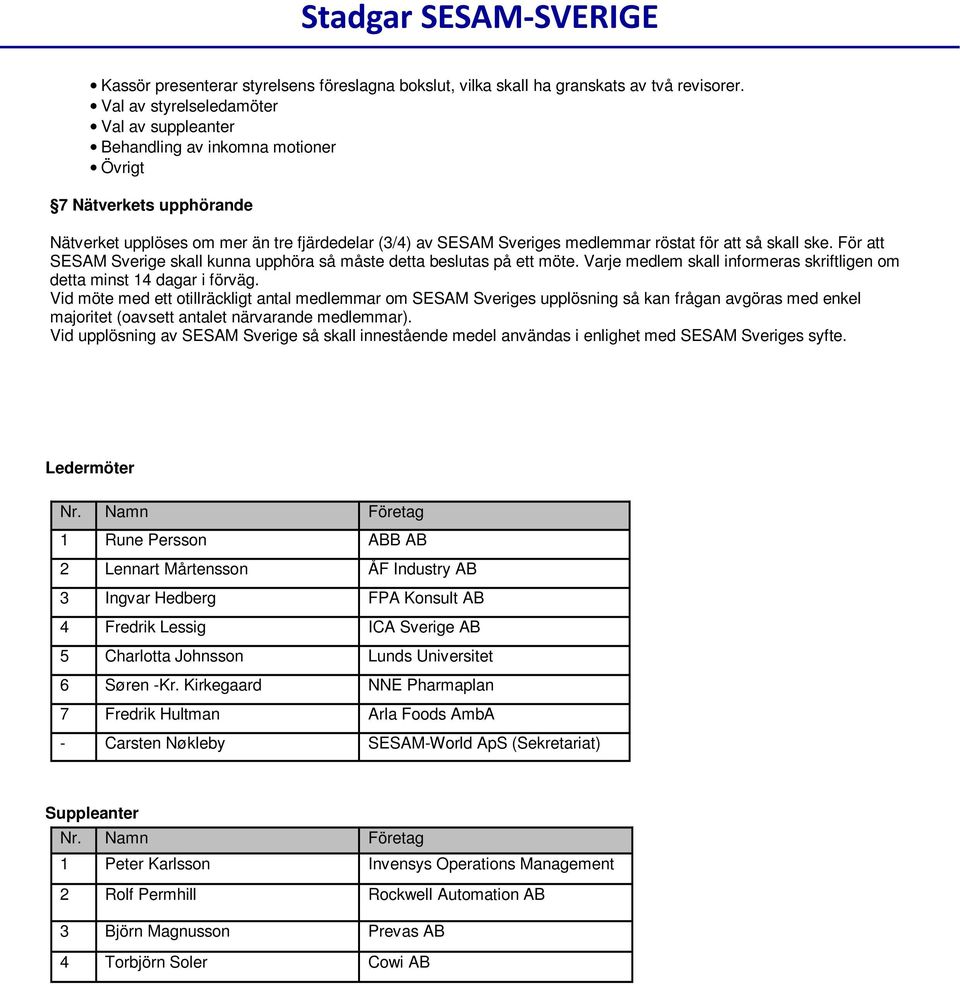 så skall ske. För att SESAM Sverige skall kunna upphöra så måste detta beslutas på ett möte. Varje medlem skall informeras skriftligen om detta minst 14 dagar i förväg.