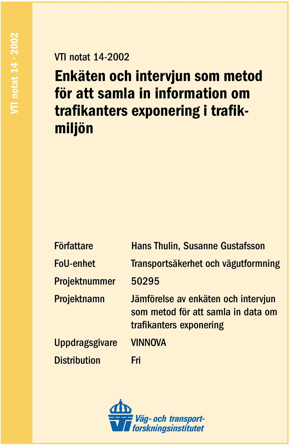 Uppdragsgivare Distribution Hans Thulin, Susanne Gustafsson Transportsäkerhet och vägutformning