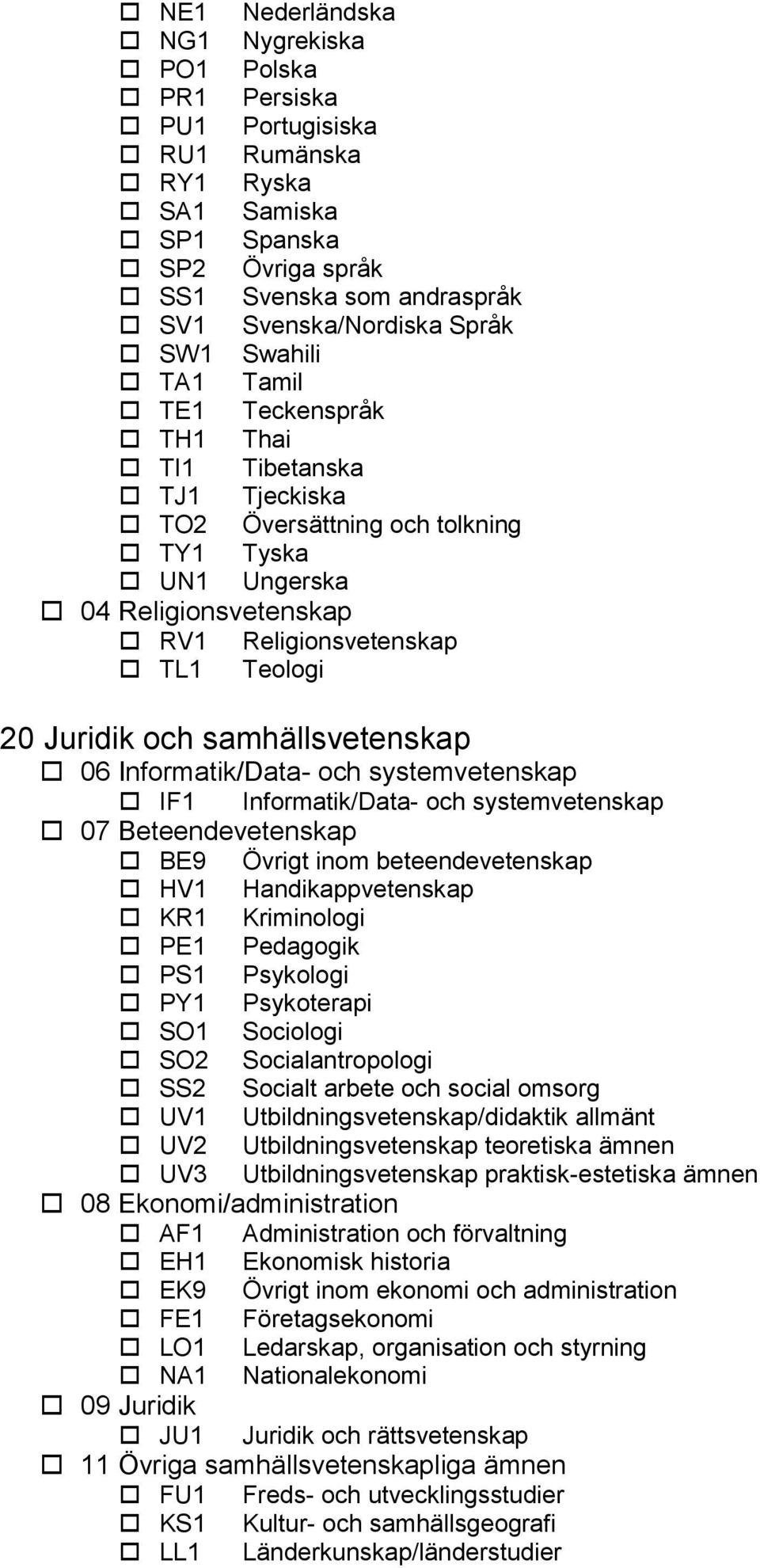 samhällsvetenskap 06 Informatik/Data- och systemvetenskap IF1 Informatik/Data- och systemvetenskap 07 Beteendevetenskap BE9 Övrigt inom beteendevetenskap HV1 Handikappvetenskap KR1 Kriminologi PE1