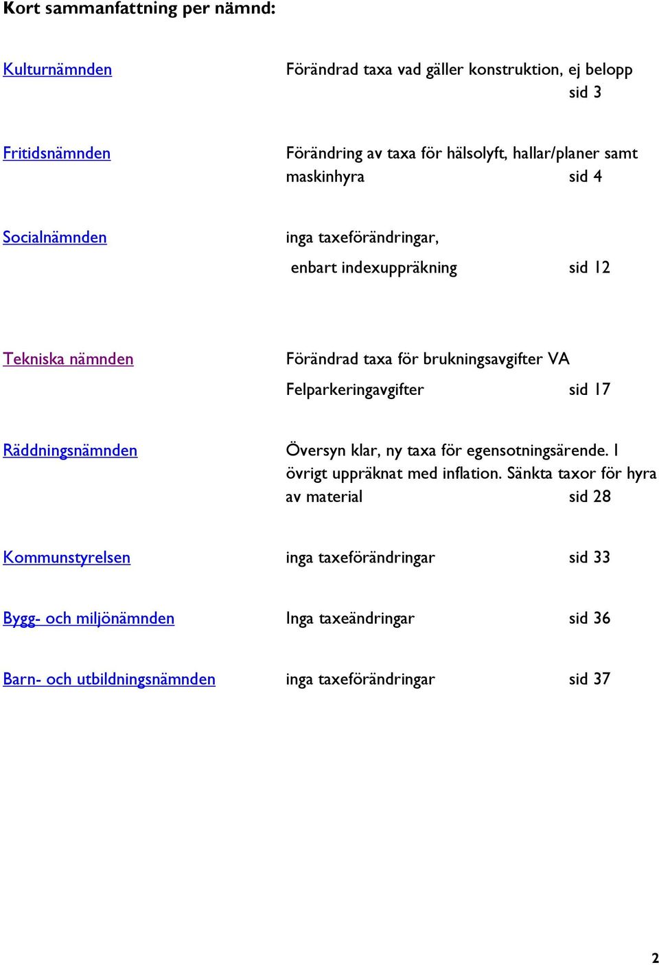 VA Felparkeringavgifter sid 17 Räddningsnämnden Översyn klar, ny taxa för egensotningsärende. I övrigt uppräknat med inflation.