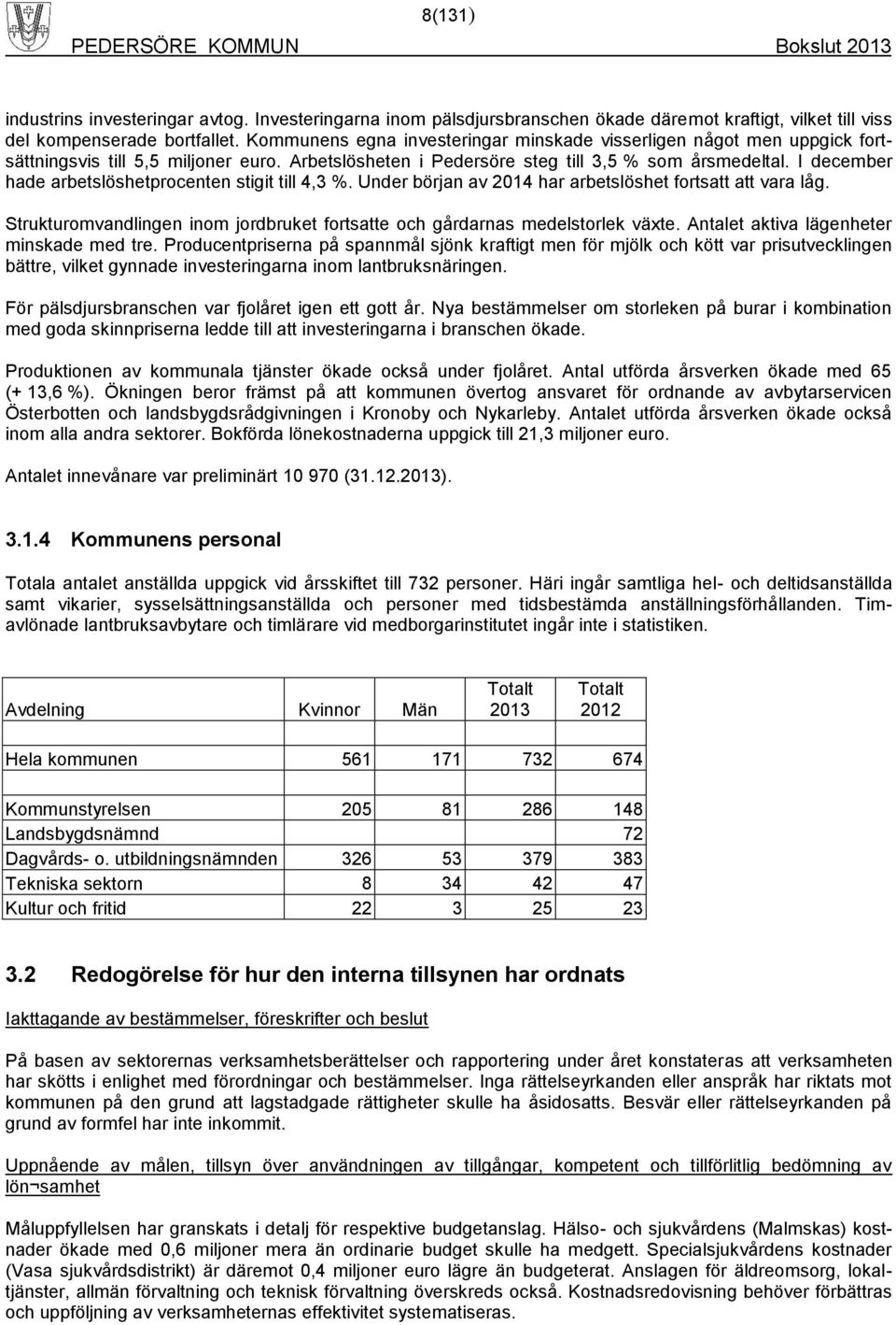 I december hade arbetslöshetprocenten stigit till 4,3 %. Under början av 2014 har arbetslöshet fortsatt att vara låg. Strukturomvandlingen inom jordbruket fortsatte och gårdarnas medelstorlek växte.