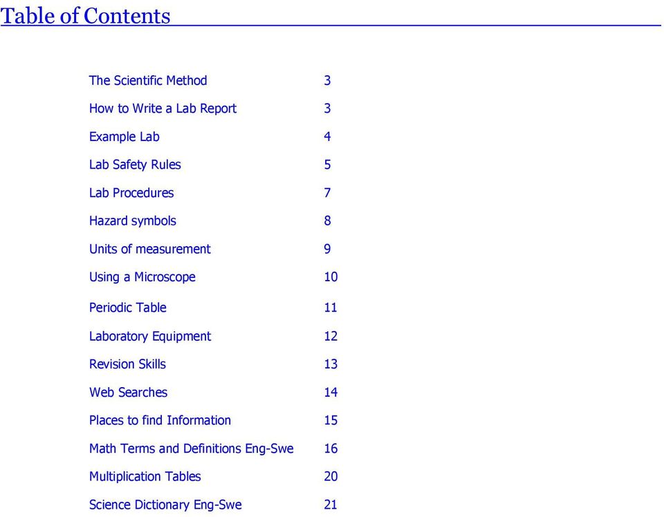 Table 11 Laboratory Equipment 12 Revision Skills 13 Web Searches 14 Places to find Information