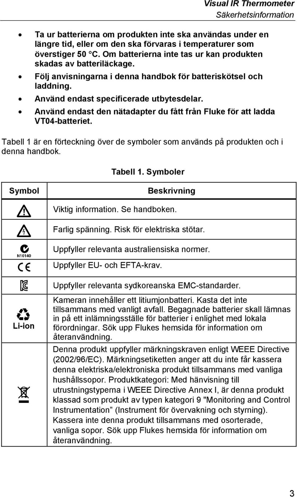 Använd endast den nätadapter du fått från Fluke för att ladda VT04-batteriet. Tabell 1 är en förteckning över de symboler som används på produkten och i denna handbok. Tabell 1. Symboler Symbol Beskrivning Viktig information.