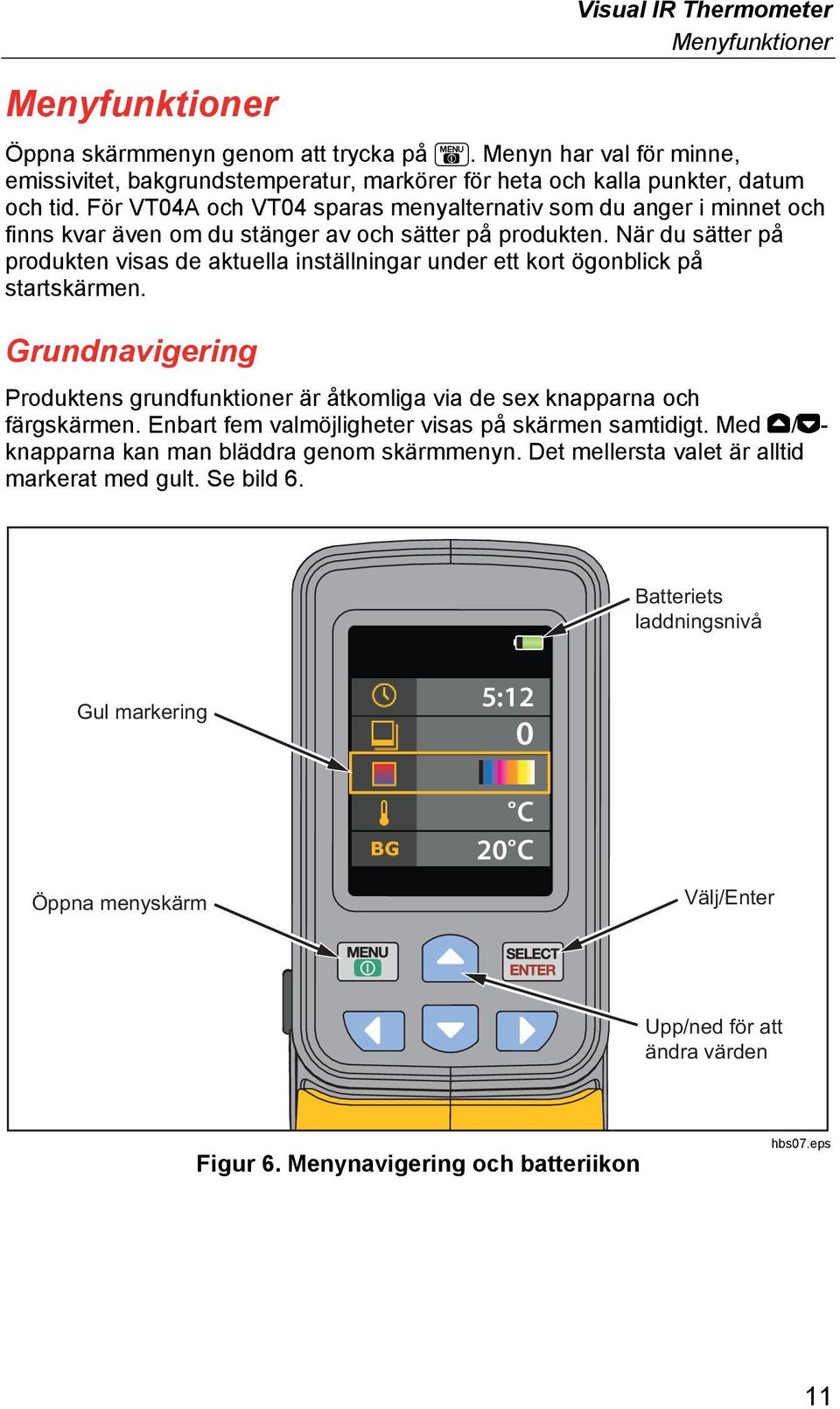 När du sätter på produkten visas de aktuella inställningar under ett kort ögonblick på startskärmen. Grundnavigering Produktens grundfunktioner är åtkomliga via de sex knapparna och färgskärmen.