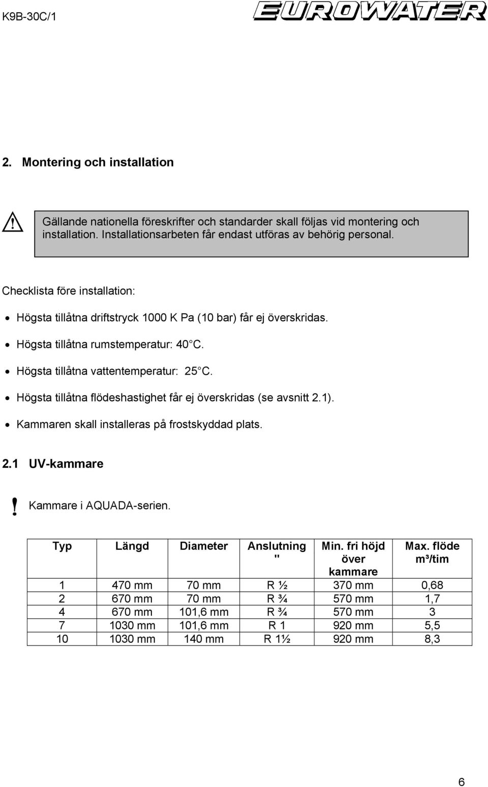 Högsta tillåtna flödeshastighet får ej överskridas (se avsnitt 2.1). Kammaren skall installeras på frostskyddad plats. 2.1 UV-kammare Kammare i AQUADA-serien.