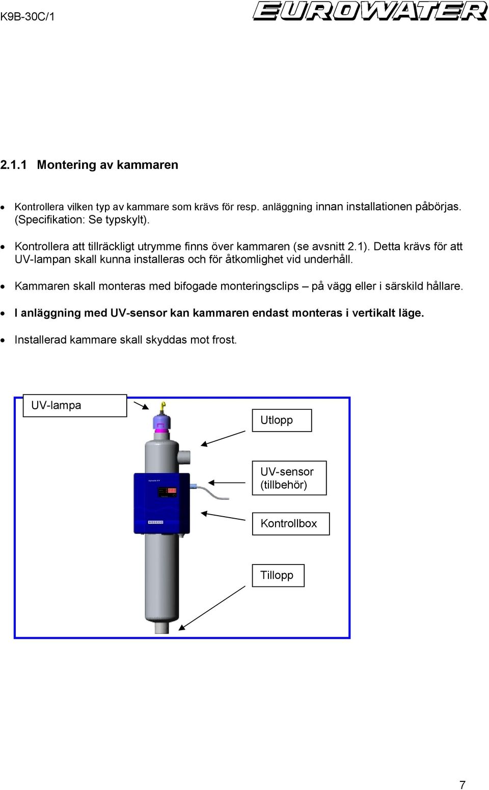 Detta krävs för att UV-lampan skall kunna installeras och för åtkomlighet vid underhåll.