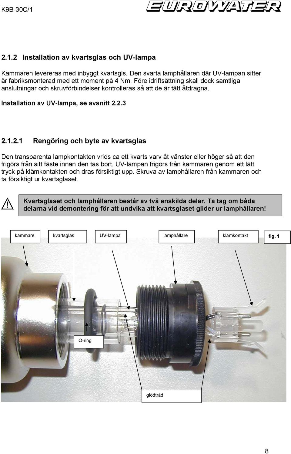 2.3 2.1.2.1 Rengöring och byte av kvartsglas Den transparenta lampkontakten vrids ca ett kvarts varv åt vänster eller höger så att den frigörs från sitt fäste innan den tas bort.