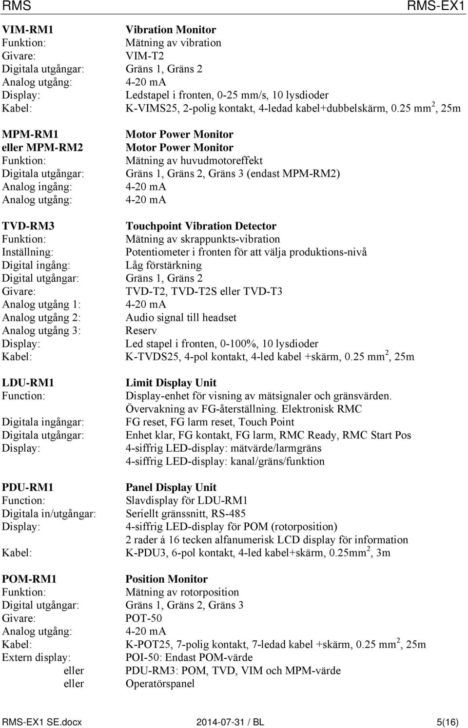 mm, m MPM-RM eller MPM-RM Digitala utgångar: Analog ingång: Analog utgång: Motor Power Monitor Motor Power Monitor Mätning av huvudmotoreffekt Gräns, Gräns, Gräns (endast MPM-RM) -0 ma -0 ma TVD-RM