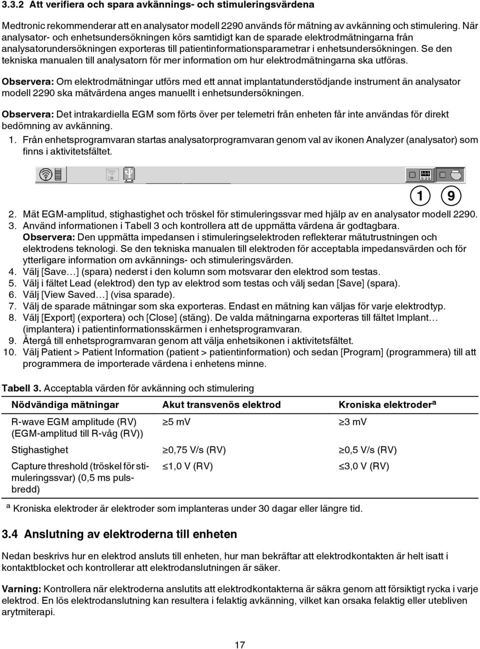 Se den tekniska manualen till analysatorn för mer information om hur elektrodmätningarna ska utföras.