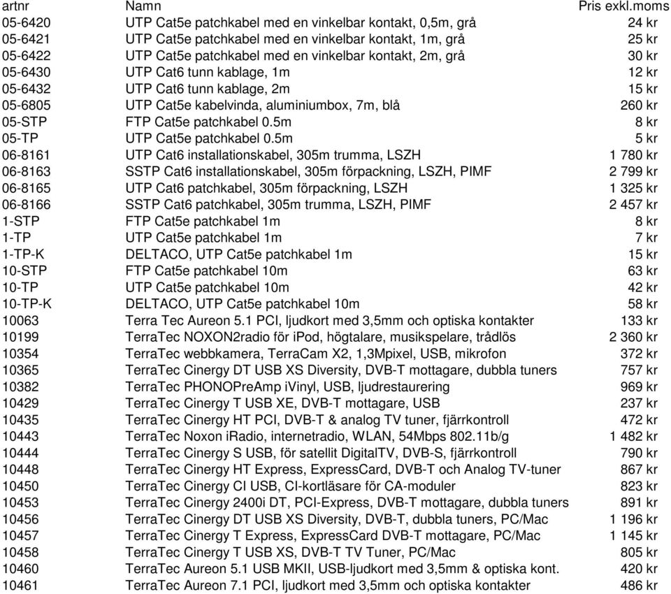 2m, grå 30 kr 05-6430 UTP Cat6 tunn kablage, 1m 12 kr 05-6432 UTP Cat6 tunn kablage, 2m 15 kr 05-6805 UTP Cat5e kabelvinda, aluminiumbox, 7m, blå 260 kr 05-STP FTP Cat5e patchkabel 0.