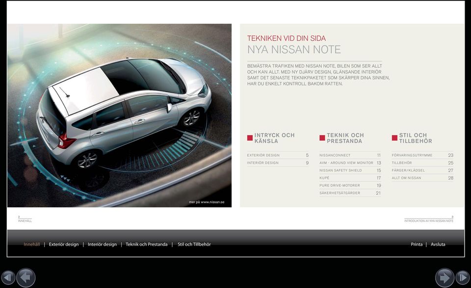 INTRYCK OCH KÄNSLA TEKNIK OCH PRESTANDA STIL OCH TILLBEHÖR EXTERIÖR DESIGN 5 INTERIÖR DESIGN 9 NISSANCONNECT 11 AVM - AROUND VIEW MONITOR 13 NISSAN