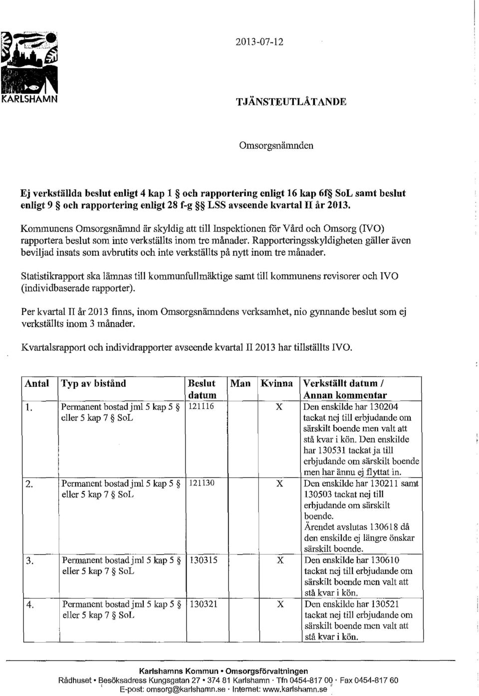 Rapporteringsskyldigheten gäller även beviljad insats som avbrutits och inte verkställts på nytt inom tre månader.