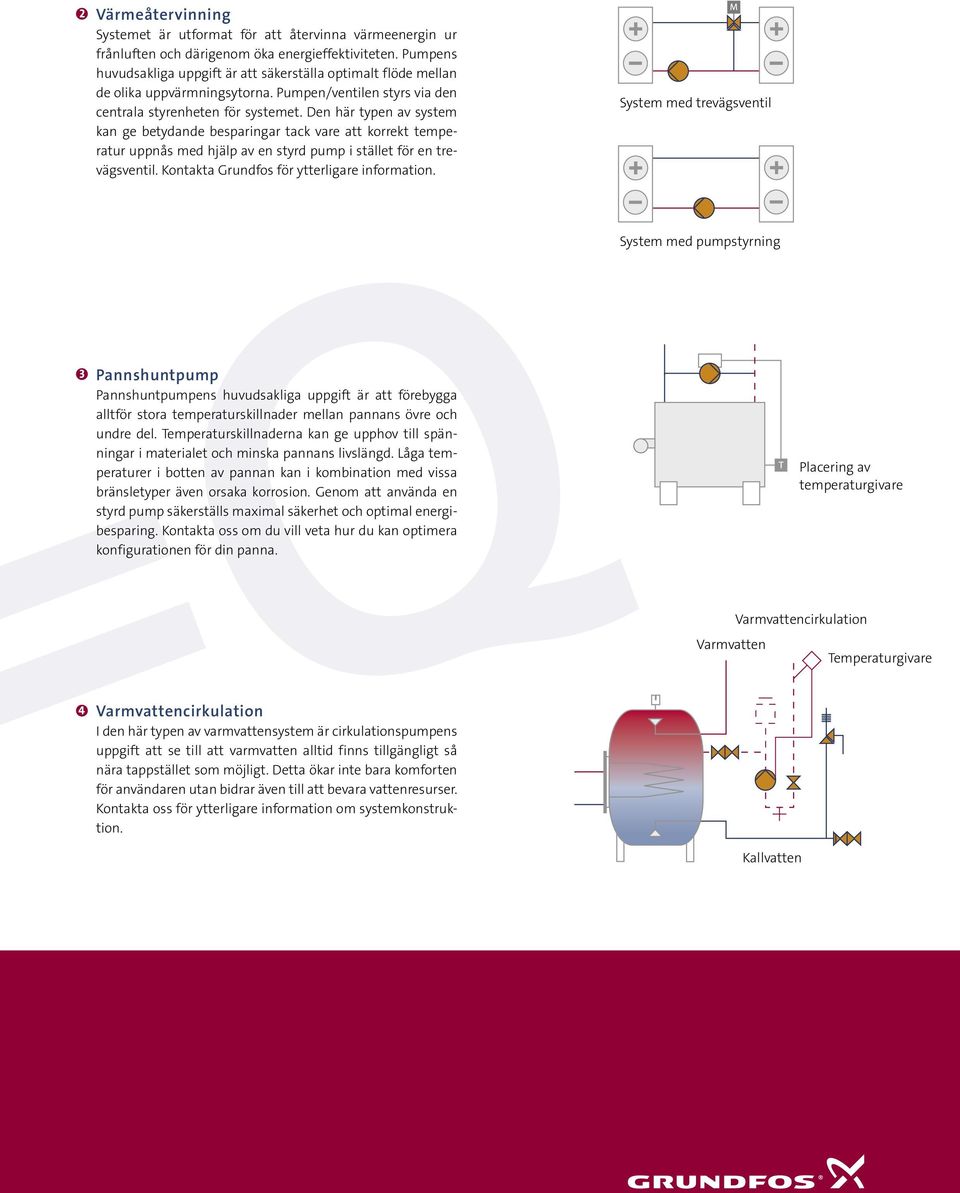 Den här typen av system kan ge betydande besparingar tack vare att korrekt temperatur uppnås med hjälp av en styrd pump i stället för en trevägsventil. Kontakta Grundfos för ytterligare information.